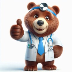 Cute bear doctor 3d character is posing giving thumbs up. isolated on white background.