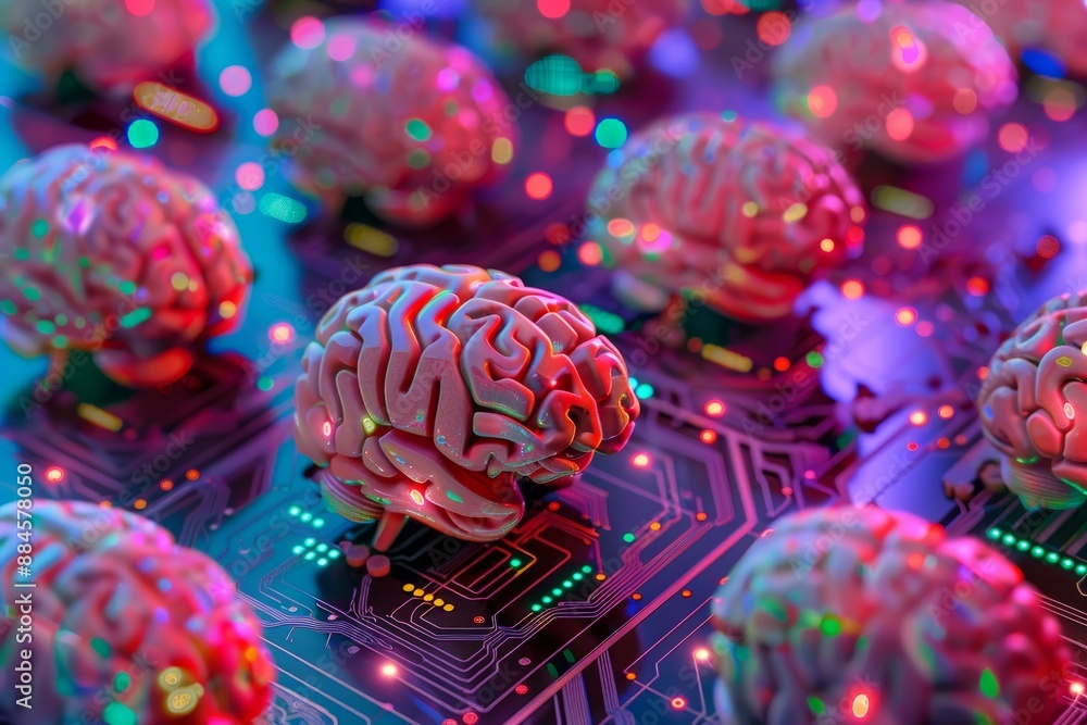 Poster vibrant 3d rendering of artificial intelligence brains integrated with advanced circuitry