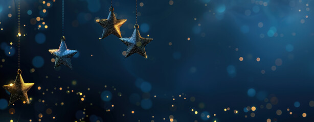 Fototapeta premium Christmas garland with lights stars. Xmas frame. Blue shine background with white snowflakes and bokeh light. Space for text. Winter festive season, holiday celebration. Horizontal banner