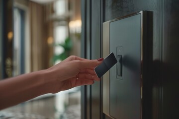 Hand using key card to unlock door in modern interior.