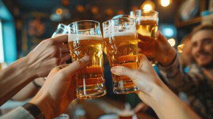 Beer, cheers and hands of friends in pub together for celebration, milestone or social gathering. Alcohol, glass and toast with group of people drinking beverage in bar for bachelor party or bonding