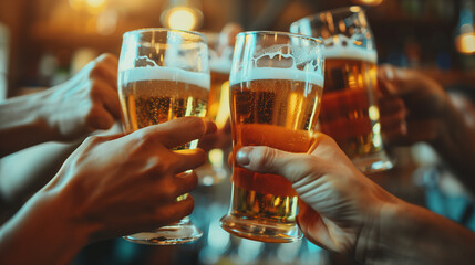 Beer, cheers and hands of friends in pub together for celebration, milestone or social gathering. Alcohol, glass and toast with group of people drinking beverage in bar for bachelor party or bonding