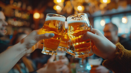 Beer, cheers and hands of friends in pub together for celebration, milestone or social gathering. Alcohol, glass and toast with group of people drinking beverage in bar for bachelor party or bonding