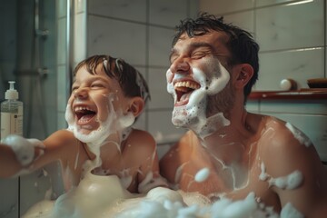 Father and son laughing with soap foam in the bathroom. Indoor family fun and bonding concept.