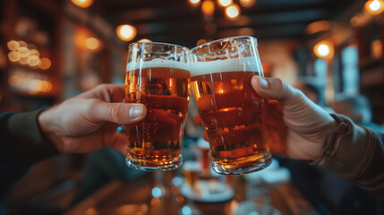 Beer, cheers and hands of friends in pub together for celebration, milestone or social gathering. Alcohol, glass and toast with group of people drinking beverage in bar for bachelor party or bonding