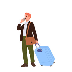 Businessman cartoon character with touristic luggage suitcase talking phone booking hotel number