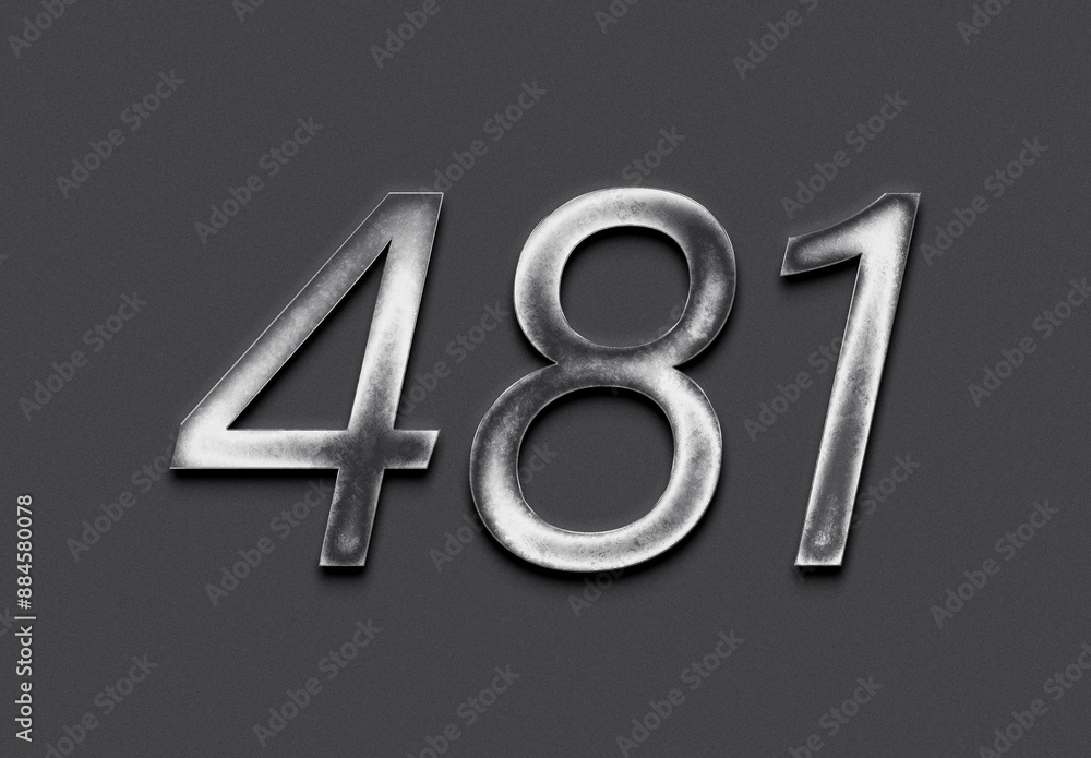 Poster chrome metal 3d number design of 481 on grey background.