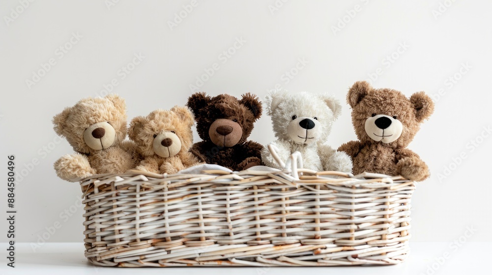 Wall mural Adorable teddy bears in a basket against a white backdrop