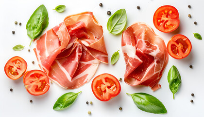 Italian prosciutto crudo or spanish jamon with basil leaf ans slices of tomato. Raw ham isolated on white background with full depth of field. Top view. Flat lay