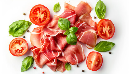 Italian prosciutto crudo or spanish jamon with basil leaf ans slices of tomato. Raw ham isolated on white background with full depth of field. Top view. Flat lay
