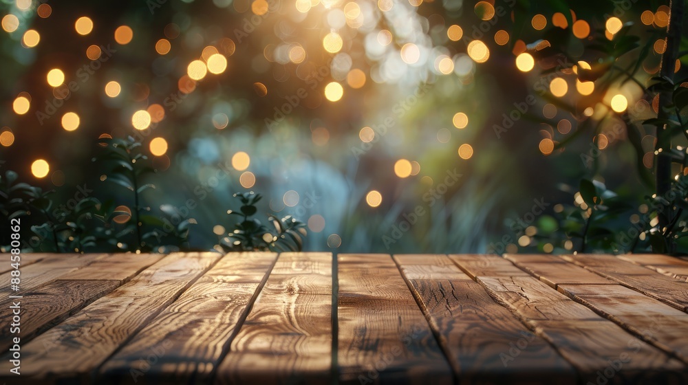 Poster wooden table with bokeh background for product display