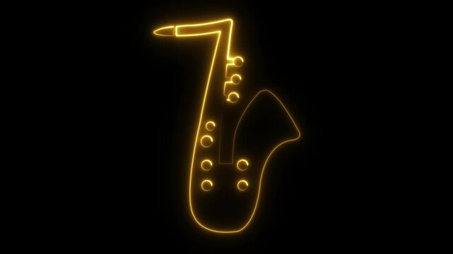 Neon saxophone. Line art. Glowing neon line. Musical instrument. Isolated on black background. Sax Music. Concert and bar animation.  Party. Saxophone player. Brass instrument. Sax music. Music art.
