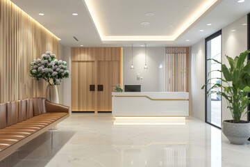 Fototapeta premium A contemporary clinic reception area with white marble flooring and wooden accents