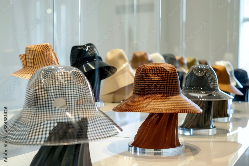Poster modern exhibit showcasing an array of stylish hats with various patterns and colors