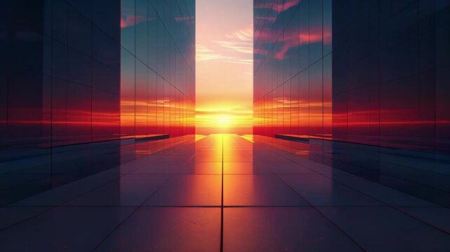 A sunrise of geometric proportions with lines and shapes stretching towards the horizon in a mesmerizing display of symmetry.