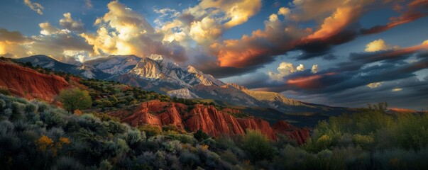 Panoramic landscape mountains meadow hills grass Yellowstone Montana Blue Sky Country