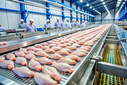 Poultry farm for the production of chicken meat. Industrial production and packaging of chicken meat. Chicken fillet and tenderloin on a conveyor in the workshop. modern food industry.