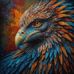 A mysterious cryptic griffin, its form a chaotic blend of eagle and lion, captured in an eye-catching acrylic painting. The majestic creature is depicted with intricate details, showcasing its feather