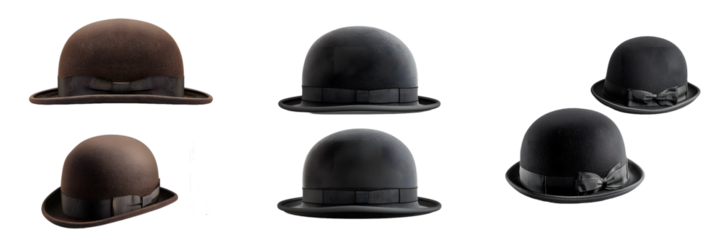 Classic black and brown bowler hats with ribbon detail, isolated on a white background, png