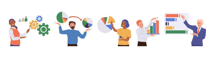 Business people cartoon characters engaged in benchmarking process performing analytics charts