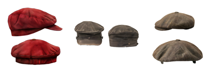 Red and brown flat caps for stylish everyday wear, isolated on a white background, png