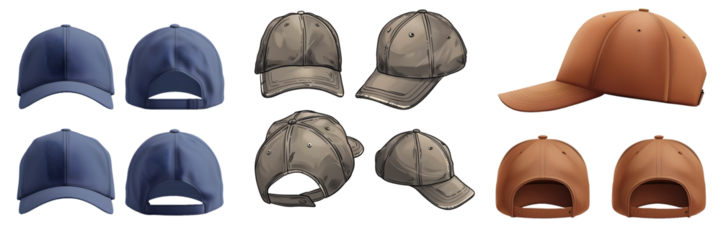 Variety of baseball caps with adjustable strap, isolated on a white background, png