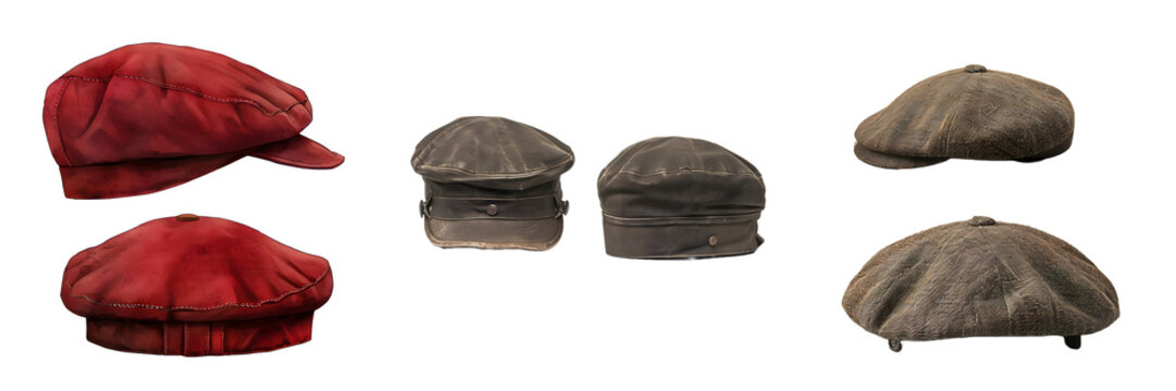 Red and brown flat caps for stylish everyday wear, isolated on a white background, png