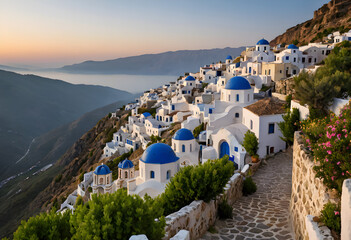Naklejka premium Sunset Over Santorini’s Iconic Blue Domes