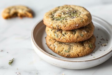 Stack of freshly baked lavender shortbread cookies garnished with herbs on a ceramic plate