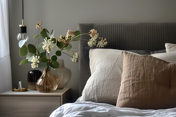 A close-up shot of the bedside table in an elegant bedroom, showcasing soft and delicate linen pillows with a minimalistic design, complemented by fresh flowers in vases placed on top or beside them.