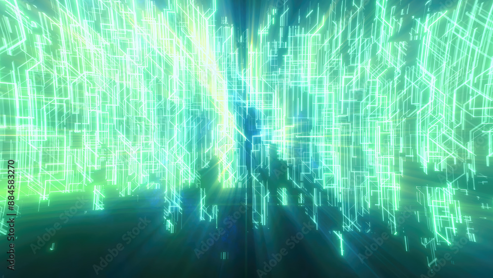 Poster abstract glowing energy futuristic green hi-tech abstract background made of lines and computer stri