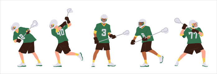 Fototapeta premium Lacrosse team sportsmen cartoon characters wearing uniform and helmet holding game equipment