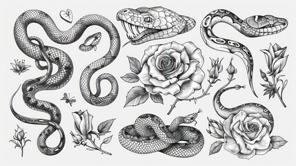 Fototapeta premium Snakes and Roses Illustration
