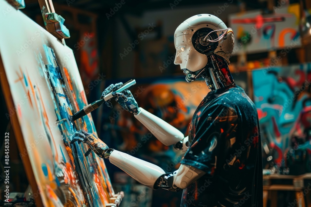 Poster a humanoid robot with a paintbrush creating abstract art on a canvas in a colorful studio