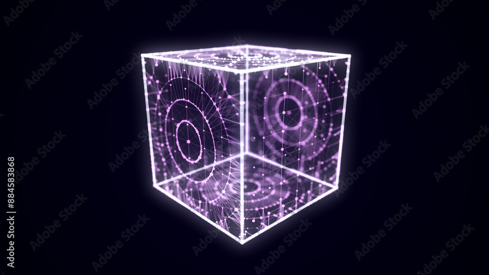 Poster Abstract blue cube with connecting dots and lines. Big data visualization. Blockchain technology concept. Wireframe network connection structure with circle. 3d rendering.