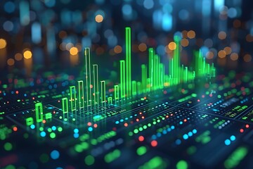 A dynamic bar graph showcasing a sudden surge in stock values, with vibrant green bars shooting upwards against a dark background, symbolizing unprecedented market growth.