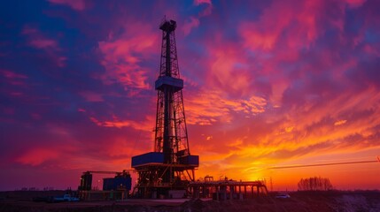 Gasoline oil rig at dawn, with the rising sun casting dramatic light on the rig's structure against a high-quality, colorful sky, with no people in the scene 