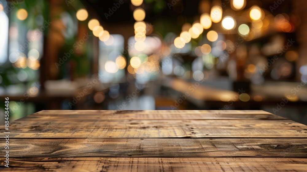 Aufkleber wooden table in a blurred restaurant background for product display or design layout with space for 