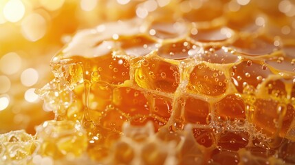 A detailed close-up of golden yellow honeycombs under sunlight, revealing the natural, sweet honey stored in the hexagonal beeswax cells for a healthy, nutritious treat.