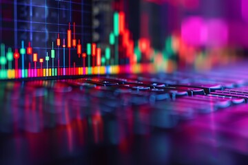 A dynamic stock price chart with colorful candlestick patterns depicting a bullish market trend. Vibrant colors and detailed index graphics symbolize financial growth and market momentum.
