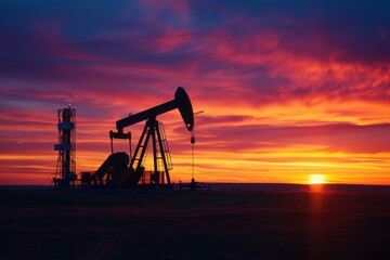 Wide-angle view of a gasoline oil rig at sunset, showcasing the entire structure against a high-quality, vibrant sky, with no people in the picture 
