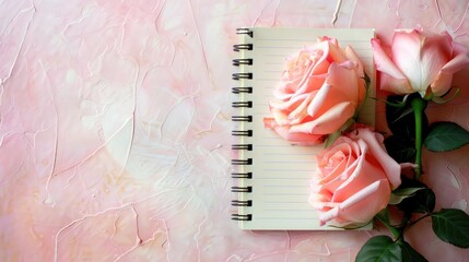 Naklejka premium Blank page notebook with roses on pink background for text placement