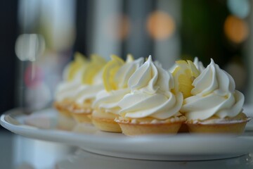 Mini lemon tarts with whipped cream and lemon slices.