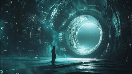Silhouetted Figure Gazing Through a Futuristic Portal