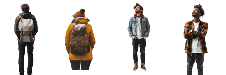 Four individuals standing with backpacks and winter clothing facing away isolated on a white background, png