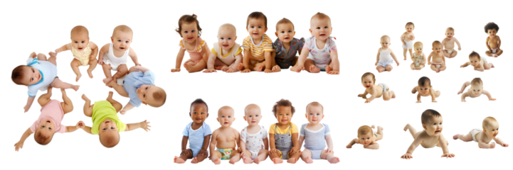 Collection of baby dolls in various poses and outfits isolated on a white background, png