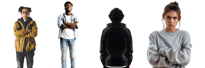 Four individuals standing with various outfits and obscured faces isolated on a white background, png