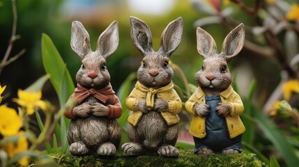 Three Easter Bunnies in a Garden