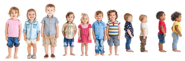 Line of eleven children in diverse clothing styles facing forward isolated on a white background, png