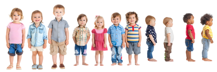 Line of eleven children in diverse clothing styles facing forward isolated on a white background, png